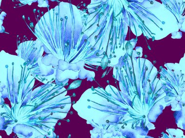 Cesur soyut çiçek deseni. Mavi İndigo 'da Büyük Egzotik Kusursuz Parmak izi. Büyük Egzotik Yaz Suluboya Tutku Meyvesi Sonsuz Arkaplan. Modern Kalın Soyut Çiçek Deseni.