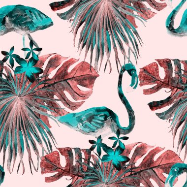 Flamingo deseni. Tropik yaz mavisi kırmızı iz. Kuşlarla dolu egzotik bahar canavarları. Moda Hawai Ormanı tekrar eden pürüzsüz fayanslar. Palm Botanik mayo tasarımı. Miami Vahşi Hayatı.