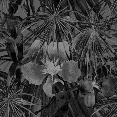 Yaz plajı deseni. Mayo giymiş insanlar egzotik palmiye, yaprak ve çiçeklerin arasında duruyorlar. Siyah, beyaz ve gri iz. Tropik Hawai suluboyası, pürüzsüz fayans. Bikini Miami, güneşlenen kızlar.. 