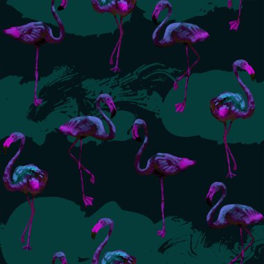 Flamingo deseni. Tropik yaz ultraviyole izi. Kuşlarla dolu egzotik bahar tekstil arka planı. Moda Hawai Ormanı tekrar eden pürüzsüz fayanslar. Çizgili botanik mayo tasarımı. Miami Vahşi Hayatı.