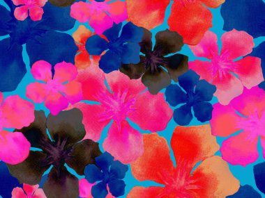 Hawaii suluboya deseni. Pembe kırmızı tropikal desensiz çiçek deseni. Hibiscus ve zakkum Hawaii 'de. Aloha mayo tasarımı. Egzotik buket moda illüstrasyonu. Suluboya yatay fayans.