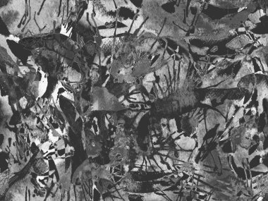 Püskürme izi yok. Siyah beyaz suluboya fırça darbesi grunge tasarımı. Suluboya soyut sıçrama boyası tasarımı. Elle çizilmiş mürekkep lekeleri. Toprak sıçrama deseni. Sıvı damlayan fırça sonsuz iz.