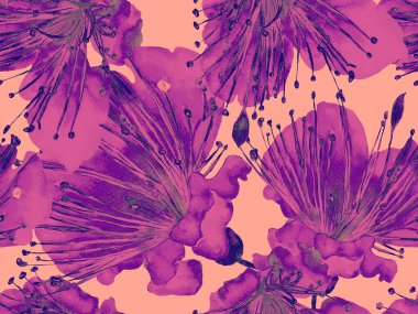 Kalın Çiçek deseni. Kızıl Arkaplanda Büyük Tropikal Kusursuz Parmak İzi. Büyük Tropik Bahar Kova Maracuja Sonsuz Arkaplanı. Modern Kalın Çiçek Deseni.