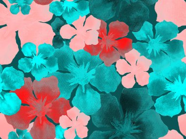 Hawaii suluboya deseni. Çivit mavisi, tropikal, dikişsiz iz. Hibiscus ve zakkum Hawaii 'de. Aloha mayo tasarımı. Egzotik buket moda illüstrasyonu. Suluboya yatay fayans.