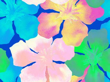 Hawaii suluboya deseni. Çivit mavisi, tropikal, dikişsiz iz. Hibiscus ve zakkum Hawaii 'de. Aloha mayo tasarımı. Egzotik buket moda illüstrasyonu. Suluboya yatay fayans.