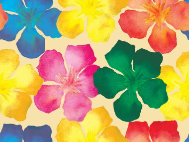 Hawaii suluboya deseni. Gökkuşağı çiçekli tropikal iz. Hibiscus ve zakkum Hawaii 'de. Aloha mayo tasarımı. Egzotik buket moda illüstrasyonu. Suluboya yatay fayans.