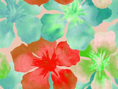 Hawaii suluboya deseni. Çivit mavisi, tropikal, dikişsiz iz. Hibiscus ve zakkum Hawaii 'de. Aloha mayo tasarımı. Egzotik buket moda illüstrasyonu. Suluboya yatay fayans.