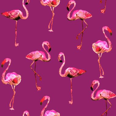 Flamingo deseni. Tropik yaz pembe baskısı. Kuşlarla dolu egzotik bahar tekstil arka planı. Moda Hawai Ormanı tekrar eden pürüzsüz fayanslar. Modaya uygun botanik mayo tasarımı. Miami Vahşi Hayatı.