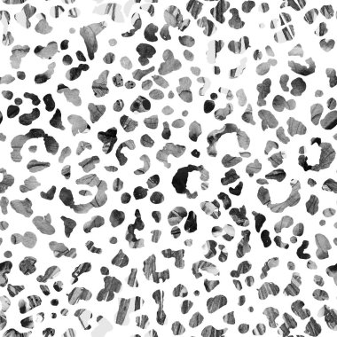 Leopar dikişsiz suluboya deseni. Siyah beyaz, egzotik, pürüzsüz desen. Kamuflaj izi. Minimum el çizimi yaz çitası arkaplanı. Hayvan derisi tropikal mürekkep uyumluluğu.