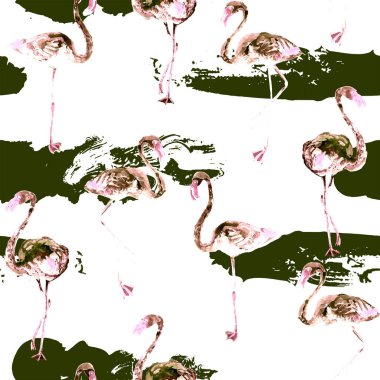 Flamingo deseni. Tropik yaz yeşili pembe iz. Kuşlarla dolu egzotik bahar tekstil arka planı. Moda Hawai Ormanı tekrar eden pürüzsüz fayanslar. Çizgili botanik mayo tasarımı. Miami Vahşi Hayatı.