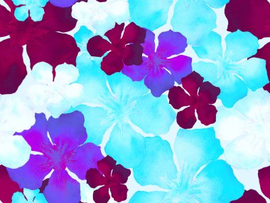 Hawaii suluboya deseni. Çivit mavisi, tropikal, dikişsiz iz. Hibiscus ve zakkum Hawaii 'de. Aloha mayo tasarımı. Egzotik buket moda illüstrasyonu. Suluboya yatay fayans.