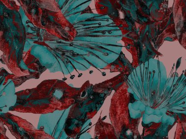 Kalın Çiçek deseni. Yeşil ve Kırmızı Arkaplanda Büyük Tropikal Kusursuz Parmak izi. Büyük Tropik Bahar Suluboya Granadilla Sonsuz Arkaplan. Modern Kalın Çiçek Deseni.