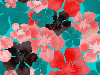 Hawaii suluboya deseni. Pembe kırmızı tropikal desensiz çiçek deseni. Hibiscus ve zakkum Hawaii 'de. Aloha mayo tasarımı. Egzotik buket moda illüstrasyonu. Suluboya yatay fayans.