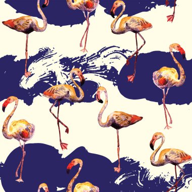 Flamingo deseni. Tropik yaz kırmızısı mavi iz. Kuşlarla dolu egzotik bahar tekstil arka planı. Moda Hawai Ormanı tekrar eden pürüzsüz fayanslar. Çizgili botanik mayo tasarımı. Miami Vahşi Hayatı.