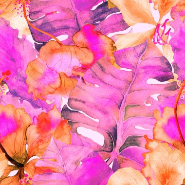 Tatil düzeni. Suluboya tropik çiçekler ve canavar yaprakları. Palm ve Hibiscus ormanları pürüzsüz. Yaz Hawaii suluboya geçmişi. Tropik palmiyeler, canavarlar, çiçek desenleri..