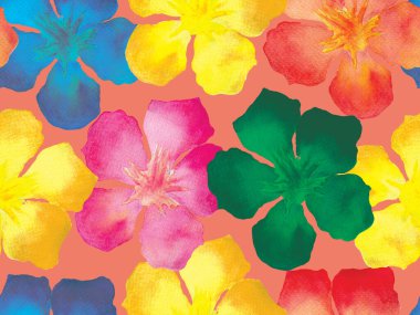 Hawaii suluboya deseni. Gökkuşağı çiçekli tropikal iz. Hibiscus ve zakkum Hawaii 'de. Aloha mayo tasarımı. Egzotik buket moda illüstrasyonu. Suluboya yatay fayans.