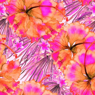 Tropikal desen. Suluboya egzotik çiçekler ve canavar yaprakları. Tertemiz beyaz kırmızı bitkiler. Yaz Hawaii suluboya geçmişi. Tropik palmiyeler, canavarlar, çiçek desenleri..