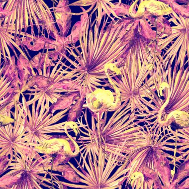 Flamingo deseni. Tropik yaz beyaz kırmızı baskısı. Kuşlarla dolu egzotik bahar canavarları. Moda Hawai Ormanı tekrar eden pürüzsüz fayanslar. Palm Botanik mayo tasarımı. Miami Vahşi Hayatı.