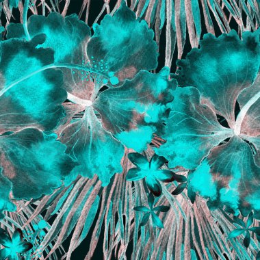 Tropikal desen. Suluboya egzotik çiçekler ve canavar yaprakları. Siyah mavi bitkiler pürüzsüz desende. Yaz Hawaii suluboya geçmişi. Tropik palmiyeler, canavarlar, çiçek desenleri..