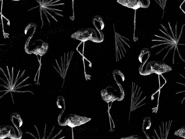 Büyük flamingo siyah, beyaz, pürüzsüz Hawaii deseni. Yaz tropikal kuşları sonsuz baskıyı suluboya. Doymuş hippi mayo, tüylü kuşları olan fayanslar. Suluboya yatay fayans.