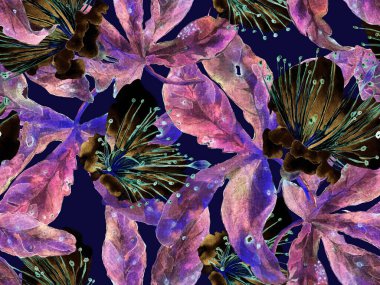 Cesur soyut çiçek deseni. Kızıl Arkaplanda Büyük Tropikal Kusursuz Parmak İzi. Büyük Hawaii Bahar Aquarelle Lilikoi Sonsuz Geçmişi. Modern Kalın Soyut Çiçek Deseni.