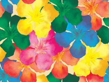 Hawaii suluboya deseni. Gökkuşağı çiçekli tropikal iz. Hibiscus ve zakkum Hawaii 'de. Aloha mayo tasarımı. Egzotik buket moda illüstrasyonu. Suluboya yatay fayans.