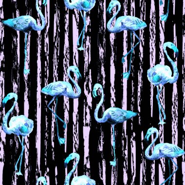 Flamingo deseni. Tropik yaz mavisi siyah iz. Kuşlarla dolu egzotik bahar tekstil arka planı. Moda Hawai Ormanı tekrar eden pürüzsüz fayanslar. Çizgili botanik mayo tasarımı. Miami Vahşi Hayatı.