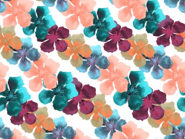 Hawaii suluboya deseni. Pembe kırmızı tropikal desensiz çiçek deseni. Hibiscus ve zakkum Hawaii 'de. Aloha mayo tasarımı. Egzotik buket moda illüstrasyonu. Suluboya yatay fayans.