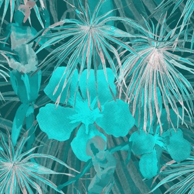 Yaz plajı deseni. Mayo giymiş insanlar egzotik palmiye, yaprak ve çiçeklerin arasında duruyorlar. İndigo lacivert izi. Tropik Hawai suluboyası, pürüzsüz fayans. Bikini Miami, güneşlenen kızlar.. 