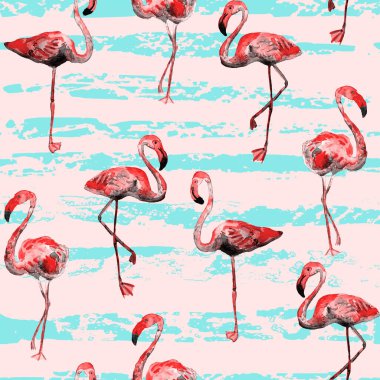 Flamingo deseni. Tropik yaz kırmızısı mavi iz. Kuşlarla dolu egzotik bahar tekstil arka planı. Moda Hawai Ormanı tekrar eden pürüzsüz fayanslar. Çizgili botanik mayo tasarımı. Miami Vahşi Hayatı.