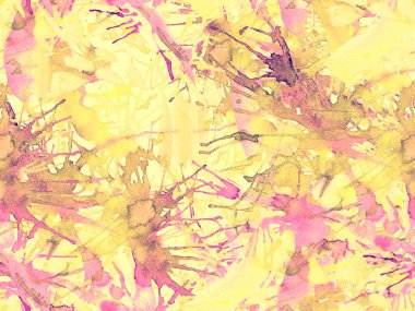 Sıvı, pürüzsüz desen. Sarı suluboya fırça darbesi grunge tasarımı. Suluboya kaotik sıçrama boya tasarımı. Elle çizilmiş mürekkep lekeleri. Toprak sıçrama deseni. Sıvı damlayan fırça sonsuz iz. 