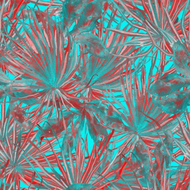 Tropikal desen. Suluboya egzotik çiçekler ve canavar yaprakları. Kırmızı mavi bitkiler pürüzsüz desende. Yaz Hawaii suluboya geçmişi. Tropik palmiyeler, canavarlar, çiçek desenleri..