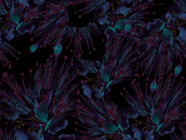 Kalın Çiçekler. Mavi ve Kırmızı Arkaplanda Büyük Hawaii Kusursuz Parmak izi. Büyük Hawaii Bahar Sulu Granadilla Sonsuz Arkaplan. Soyut Kalın Çiçek Yazdırma. 