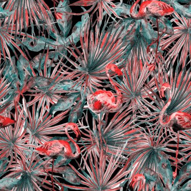 Flamingo deseni. Tropik yaz yeşili kırmızı iz. Kuşlarla dolu egzotik bahar canavarları. Moda Hawai Ormanı tekrar eden pürüzsüz fayanslar. Palm Botanik mayo tasarımı. Miami Vahşi Hayatı.