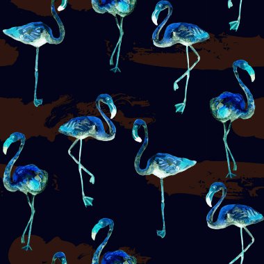 Flamingo deseni. Tropik yaz mavisi siyah iz. Kuşlarla dolu egzotik bahar tekstil arka planı. Moda Hawai Ormanı tekrar eden pürüzsüz fayanslar. Çizgili botanik mayo tasarımı. Miami Vahşi Hayatı.