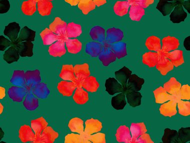 Hawaii suluboya deseni. Yeşil turkuaz çiçekli, dikişsiz tropikal iz. Hibiscus ve zakkum Hawaii 'de. Aloha mayo tasarımı. Egzotik buket moda illüstrasyonu. Suluboya yatay fayans.