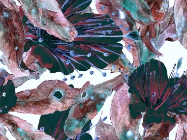 Kalın Çiçek deseni. Kızıl Arkaplanda Büyük Egzotik Kusursuz Parmak izi. Büyük Orman Yaz Aquarelle Granadilla Sonsuz Arkaplan. Kalın Çiçek Tasarımı.