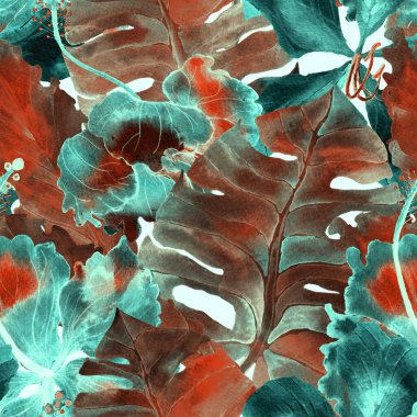 Yeşil Turkuaz Egzotik desen. Suluboya tropik yapraklar. Palm ve Hibiscus bitkileri kusursuz desende. Bahar Hawaii suluboya geçmişi. Avuç içleri, canavarlar, mayo izleri..