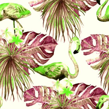 Flamingo deseni. Tropik yaz beyaz kırmızı baskısı. Kuşlarla dolu egzotik bahar canavarları. Moda Hawai Ormanı tekrar eden pürüzsüz fayanslar. Palm Botanik mayo tasarımı. Miami Vahşi Hayatı.