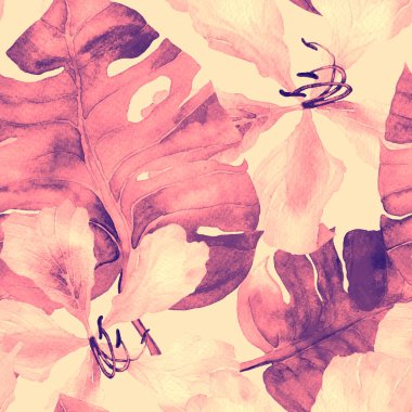 Yaz döngüsü. Suluboya tropik çiçekler ve canavar yaprakları. Palm ve Hibiscus bitkileri kusursuz desende. Bahar Hawaii suluboya geçmişi. Avuç içleri, canavarlar, mayo izleri..