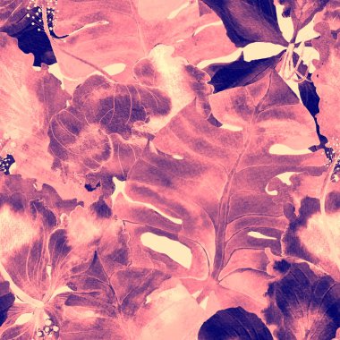 Yaz döngüsü. Suluboya tropik çiçekler ve canavar yaprakları. Palm ve Hibiscus bitkileri kusursuz desende. Bahar Hawaii suluboya geçmişi. Tropik palmiyeler, canavarlar, çiçek desenleri..