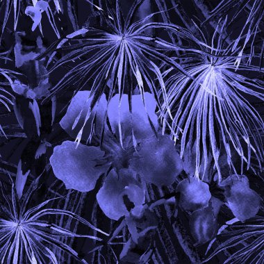 Yaz plajı deseni. Mayo giymiş insanlar egzotik palmiye, yaprak ve çiçeklerin arasında duruyorlar. Ultraviyole kız izi. Tropik Hawai suluboyası, pürüzsüz fayans. Bikini Miami, güneşlenen kızlar.. 