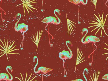 Büyük flamingo hippi kızıl Hawaii 'nin kusursuz deseni. İlkbahar suluboya tişört baskısı. Yaban kuşlarıyla minimalist geometrik mayo arka planı. Flamingolu yatay fayans.