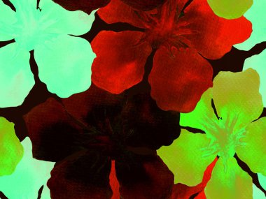 Hawaii suluboya deseni. Pembe kırmızı tropikal desensiz çiçek deseni. Hibiscus ve zakkum Hawaii 'de. Aloha mayo tasarımı. Egzotik buket moda illüstrasyonu. Suluboya yatay fayans.