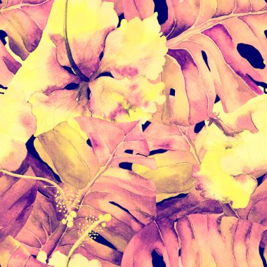 Yaz döngüsü. Suluboya tropik çiçekler ve canavar yaprakları. Palm ve Hibiscus ormanları pürüzsüz. Bahar Hawaii suluboya geçmişi. Tropik palmiyeler, canavarlar, çiçek desenleri..