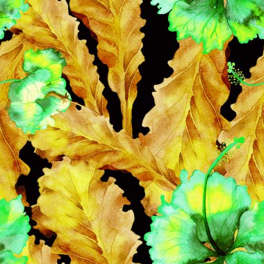 Egzotik desen. Suluboya tropik çiçekler ve canavar yaprakları. Palm ve Hibiscus ormanları pürüzsüz. Yaz Hawaii suluboya geçmişi. Avuç içleri, canavarlar, mayo izleri..