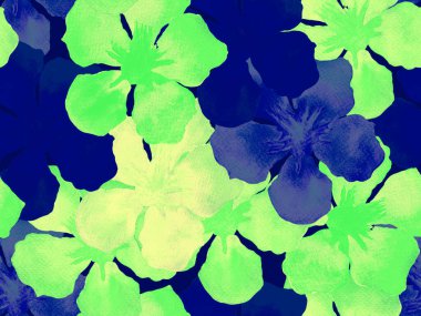 Hawaii suluboya deseni. Yeşil turkuaz çiçekli, dikişsiz tropikal iz. Hibiscus ve zakkum Hawaii 'de. Aloha mayo tasarımı. Egzotik buket moda illüstrasyonu. Suluboya yatay fayans.