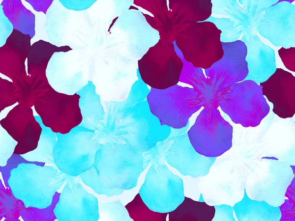 Hawaii suluboya deseni. Çivit mavisi, tropikal, dikişsiz iz. Hibiscus ve zakkum Hawaii 'de. Aloha mayo tasarımı. Egzotik buket moda illüstrasyonu. Suluboya yatay fayans.