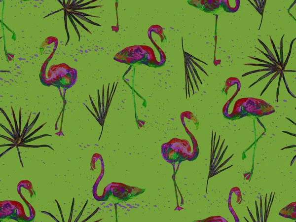 Büyük flamingo hippi yeşil Hawaii 'nin kusursuz deseni. İlkbahar suluboya tişört baskısı. Yaban kuşlarıyla minimalist geometrik mayo arka planı. Flamingolu yatay fayans.