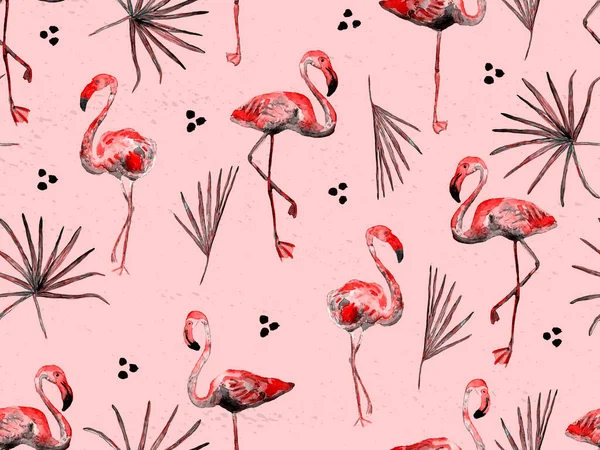 Büyük flamingo hippi kızıl Hawaii 'nin kusursuz deseni. İlkbahar suluboya tişört baskısı. Yaban kuşlarıyla minimalist geometrik mayo arka planı. Suluboya yatay fayans.